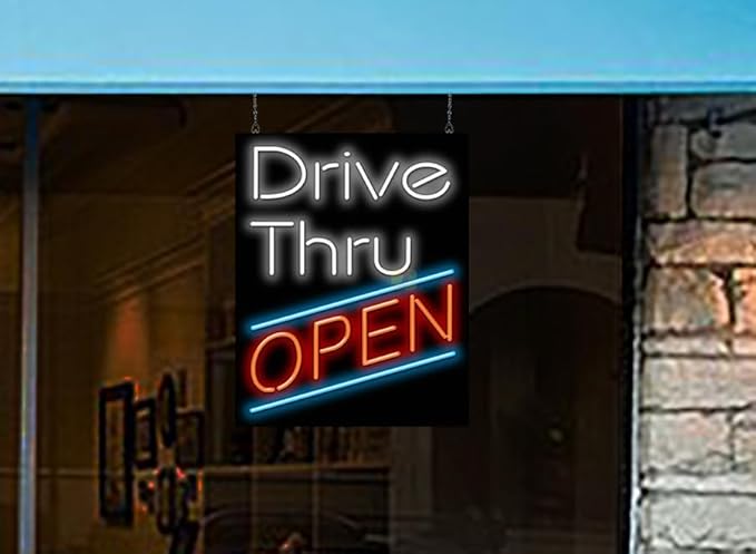 Drive - Thru Open Neon Sign - Large Size - 24" wide x 30" high - Real, Quality Hand Bent Neon Sign - White & Red Letters with Blue Accent Lines