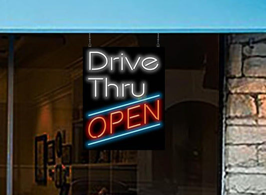 Drive - Thru Open Neon Sign - Large Size - 24" wide x 30" high - Real, Quality Hand Bent Neon Sign - White & Red Letters with Blue Accent Lines