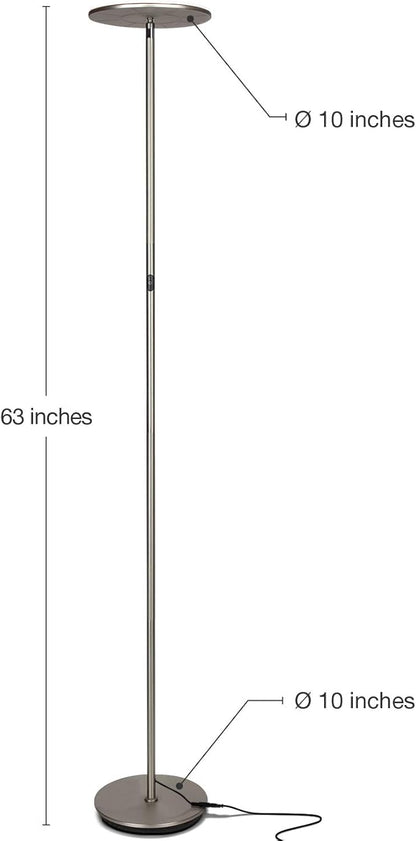 Brightech Sky LED Floor lamp, Torchiere Super Bright Floor Lamp for Living Room Decor & Office - Dimmable, Tall Standing Lamp with Warm Light for Bedroom & Reading - Brushed Nickel
