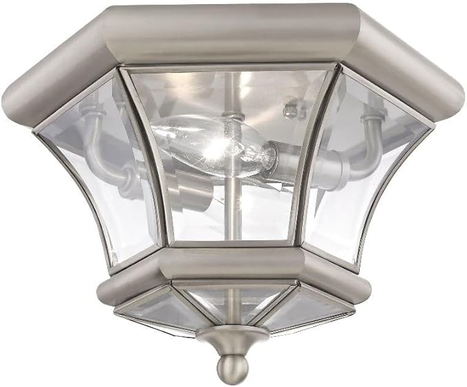 Livex Lighting 7052-91 Monterey 2 Light Outdoor/Indoor Brushed Nickel Finish Solid Brass Flush Mount with Clear Beveled Glass
