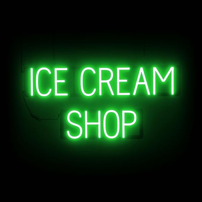 SpellBrite ICE CREAM SHOP Sign | Treat-Related Sign with Neon Look, Green LED Light Source | 31.7" x 15.0"