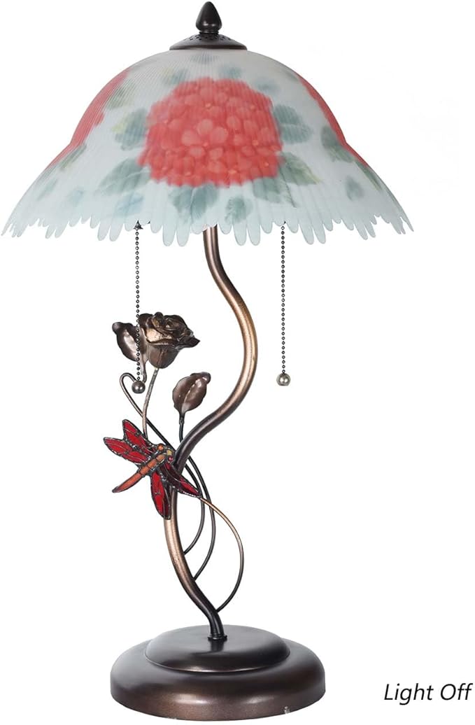 Bieye L10888 Hydrangea Hand-Painted Glass Table Lamp with Dragonfly Flower Lamp Base for Home Decor (Red)