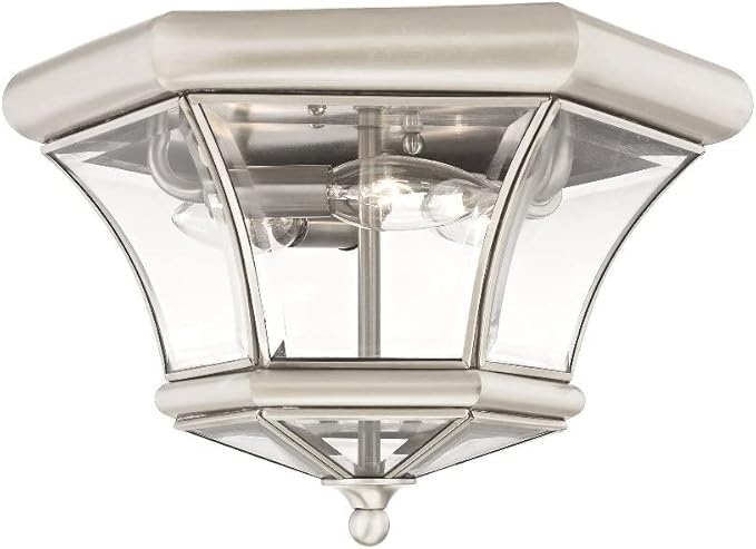 Livex Lighting 7053-91 Monterey 3 Light Outdoor/Indoor Brushed Nickel Finish Solid Brass Flush Mount with Clear Beveled Glass