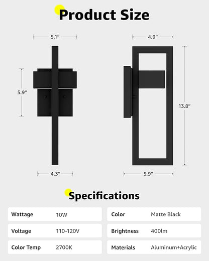 Modern Outdoor Wall Lights 2-Pack Integrated LED Outdoor Wall Sconce Modern Exterior Lighting Fixtures Matte Black Porch Light for House, Patio, Garage, Front Door | 2700K
