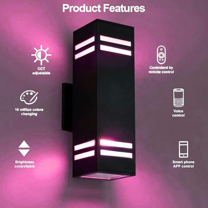 Up Down Wall Sconce RGB Color Changing Lights 1200lm, Dusk to Dawn Outdoor Lighting Fixture 2 Pack, Milight Remote Control Smart Exterior Lights with Tunable White 2700k-6500k (ETL Listed)