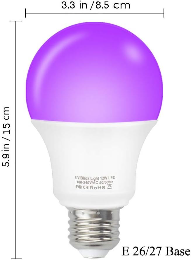 LED Black Light Bulbs,12W E26 Base(110V- 240V) UV Blacklight Bulb, Glow in The Dark,Black Lights for Glow Party,Fluorescent Poster,Halloween,Body Paint,Neon Glow(8 Pack)