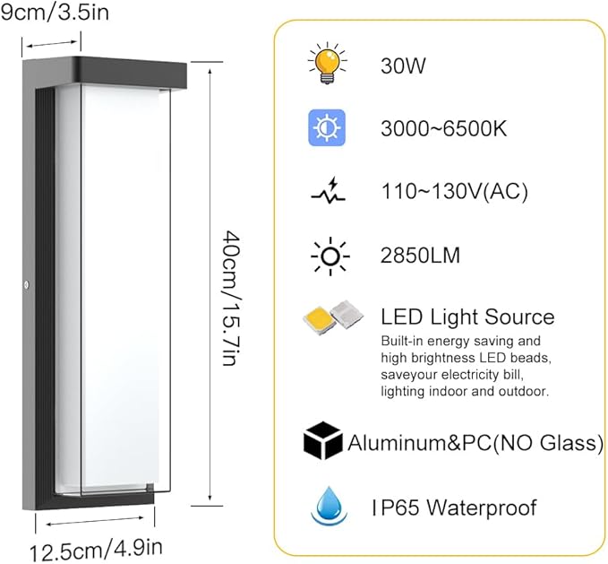 2Pack LED Outdoor Wall Lights Dimmable,3000K/4500K/6000K,16" IP65 Waterproof Black Exterior Wall Sconce Light Fixture for Porch,Garage,Entrance,Patio,Garden (2Pack)
