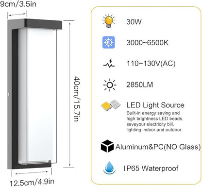 2Pack LED Outdoor Wall Lights Dimmable,3000K/4500K/6000K,16" IP65 Waterproof Black Exterior Wall Sconce Light Fixture for Porch,Garage,Entrance,Patio,Garden (2Pack)