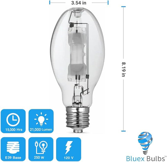 Bluex Bulbs (3 Pack MH250/U/MOG 250W Metal Halide Bulb Mogul Base (E39) - ED28 Clear M58 HID Lamp 21000 Lumens
