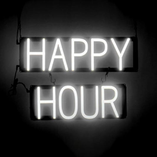 SpellBrite HAPPY HOUR Sign | Food-Related Sign with Neon Look, White LED Light Source | 21.0" x 15.0"