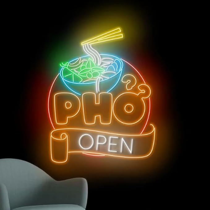 Open Pho Neon Sign, 25"Pho Bowl Led Neon Light, Vietnam Pho Food Neon Kitchen Wall Art, Vietnamese Restaurant Wall Décor