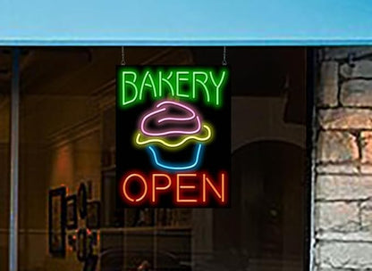 Bakery Open Neon Sign - Large Size - 24" wide x 30" high - Real, Quality Hand Bent Neon Sign - Green & Red Letters with a Pink, Yellow & Blue Cupcake Design