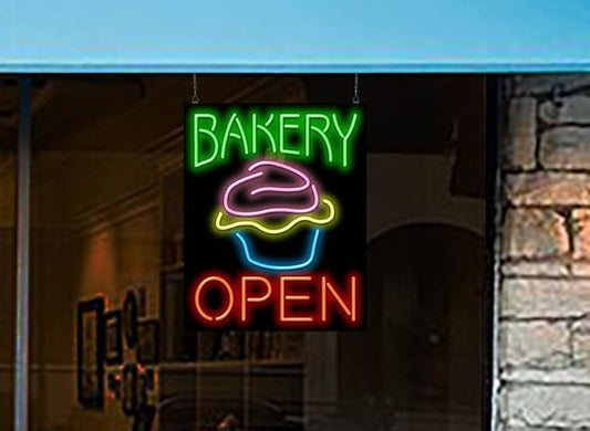 Bakery Open Neon Sign - Large Size - 24" wide x 30" high - Real, Quality Hand Bent Neon Sign - Green & Red Letters with a Pink, Yellow & Blue Cupcake Design