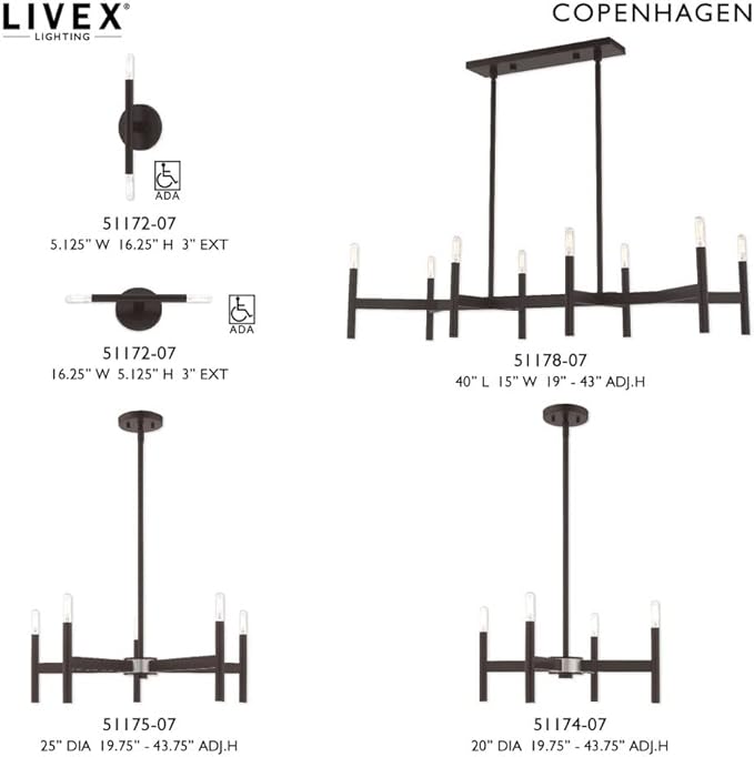 Livex Lighting 51178-91 Copenhagen - Eight Light Linear Chandelier, Brushed Nickel Finish, 19.00x40.00x15.00