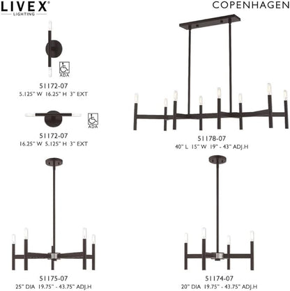 Livex Lighting 51178-91 Copenhagen - Eight Light Linear Chandelier, Brushed Nickel Finish, 19.00x40.00x15.00
