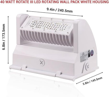 RuggedGrade 40W - Rotate III Series LED Wall Pack - 5,600 Lumens - 5000K Bright White - High Efficiency 140 Lumen per Watt - Outdoor LED Wall Light - White Housing - DLC 5.1 Premium