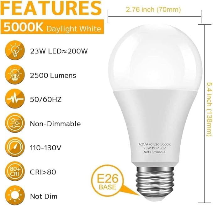 KINDEEP 150-200W Equivalent 23W E26 LED Bulb, A21 LED Super Bright Light Bulb, 2500 Lumens, Daylight White 5000K for Your Home, Office, Store, Garage, Warehouse,24-Pack