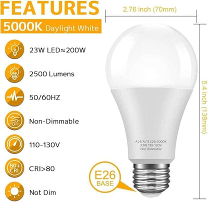 KINDEEP 150-200W Equivalent 23W E26 LED Bulb, A21 LED Super Bright Light Bulb, 2500 Lumens, Daylight White 5000K for Your Home, Office, Store, Garage, Warehouse,24-Pack
