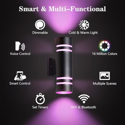 KIZON Smart Porch Lights 2 Pack, Modern Dusk to Dawn Outdoor Wall Lights Color Changing, Dimmable RGB Exterior Sconce Up and Down Light, Outside Lights for House Garage, Works with Alexa, ETL Listed