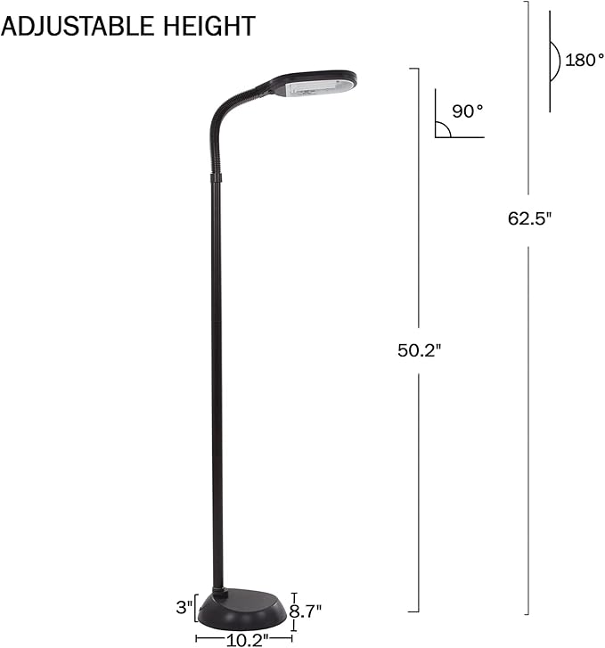 Bedford Home Floor Lamp - Full Spectrum Natural Sunlight Lamp with Bendable Neck - Reading, Craft, Studying, and Esthetician Light (Black)