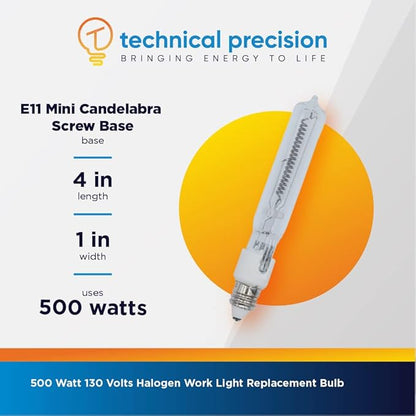 Technical Precision Replacement for Osram Sylvania 500q/cl/mc(eyw) 130v Light Bulb T4 Halogen Tungsten 500w Halogen Work Light Bulb with E11 Minicandelabra Screw Base - 2 Pack