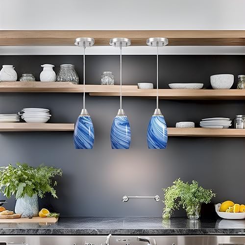 Mini Glass Pendant Light 1-Pack Dark Blue Marble Art Glass Pendant Lights Kitchen Island Brushed Nickel Finish Hanging Light for Kitchen Over Sink,Dining Room,Foyer,Hallway