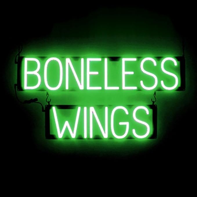 SpellBrite BONELESS WINGS Sign | Food-Related Sign with Neon Look, Green LED Light Source | 30.4" x 15.0"