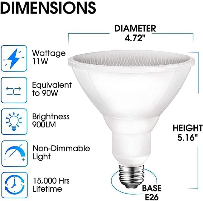 Energetic PAR38 LED Flood Outdoor Light Bulb, 4000K Cool White, 90 Watt Equivalent (11W), Wet Rated, 900LM, E26 Base, Non-Dimmable, 6 Pack