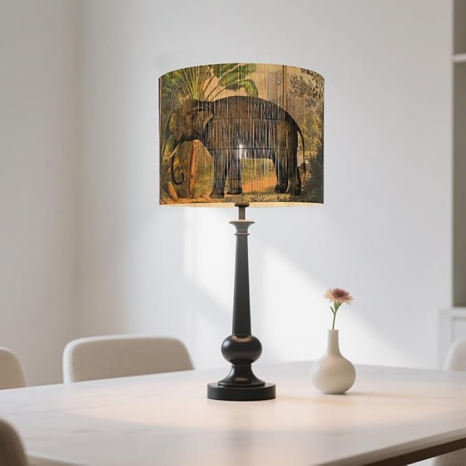 Bamboo Drum Lamp shade for table lamps and floor lamps With Tropical Colorful Animals Design, Art Deco, Rustic And Retro, Groovy Unique(size 11.8 Inch) (elephant)