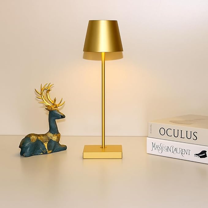 Dimmable LED Table Lamp for Bar & Restaurant – Cordless Rechargeable Touch Lamp, USB Powered, Modern Metal Accent Lamp for Dining Tables, Café, Hotel & Lounge | Klarako (4, Gold)
