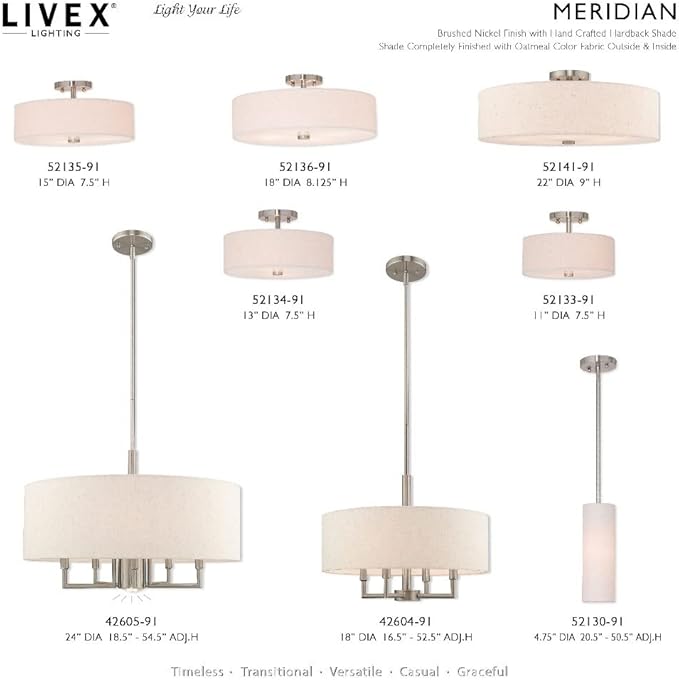 Livex Lighting 52136-91 Meridian Collection 4-Light Semi Flush Mount Ceiling Fixture with Oatmeal Color Fabric Hardback Drum Shade and Satin White Diffuser, Brushed Nickel