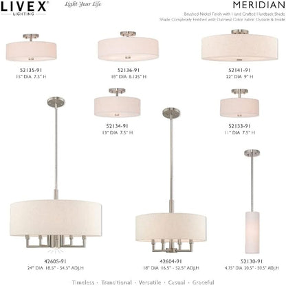 Livex Lighting 52136-91 Meridian Collection 4-Light Semi Flush Mount Ceiling Fixture with Oatmeal Color Fabric Hardback Drum Shade and Satin White Diffuser, Brushed Nickel