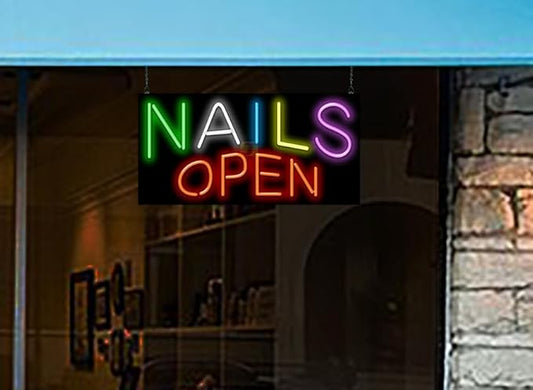 Nails Open Neon Sign - Large Size - 32" wide x 16" high - Real, Quality Hand Bent Neon Sign - Green, White, Blue, Yellow, Purple & Red Neon Letters