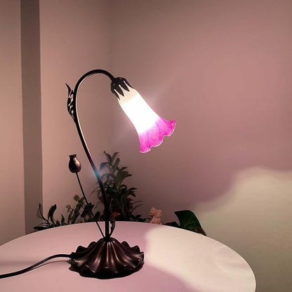 Bieye L10849 Lily Flower Blown Glass Accent Table Lamp for Living Room Bedroom Decoration (1-Light, Purple)