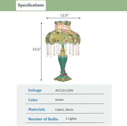 Lovely Table Lamp with Fabric Lampshade, Antique Flower Decorative Bedside Desk Lamp, Handmade Night Light for Bedroom Nightstand (Green)
