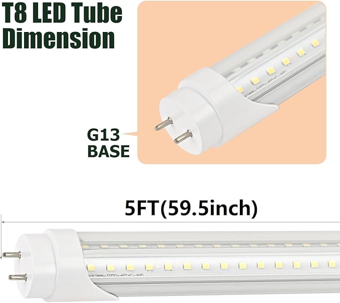 12 Pack 5FT T8 LED Tube Light 48W G13 Bi-Pin Cap 6000K Cool White with Dual Row LEDs T8 T10 T12 Fluorescent Light Bulbs Replacement 5 Foot Shop Lights
