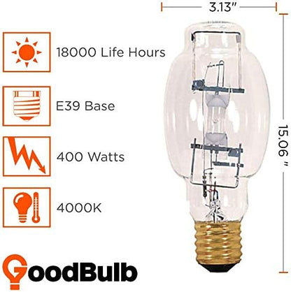 GoodBulb 400-Watt Metal Halide HID Light Bulb | 400W E39 Base BT28 ANSI Code M135/M155 | 4000K Cool White Color | Clear Finish | 9000 Life Hours (Pack of 2 Bulbs)