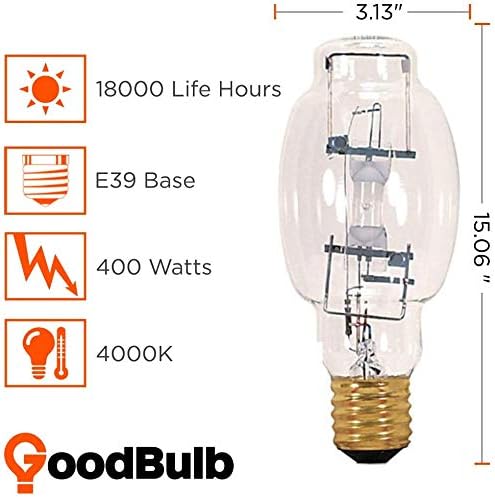 GoodBulb 400-Watt Metal Halide HID Light Bulb | 400W E39 Base BT28 ANSI Code M135/M155 | 4000K Cool White Color | Clear Finish | 9000 Life Hours (Pack of 2 Bulbs)