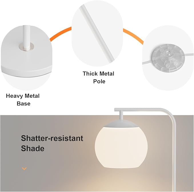 Modern Floor Lamps with Globe Shade, 3 Color Temperatures, Foot Switch, Mid Century Standing Lamp Tall for Bedroom, Living Room, Office, White
