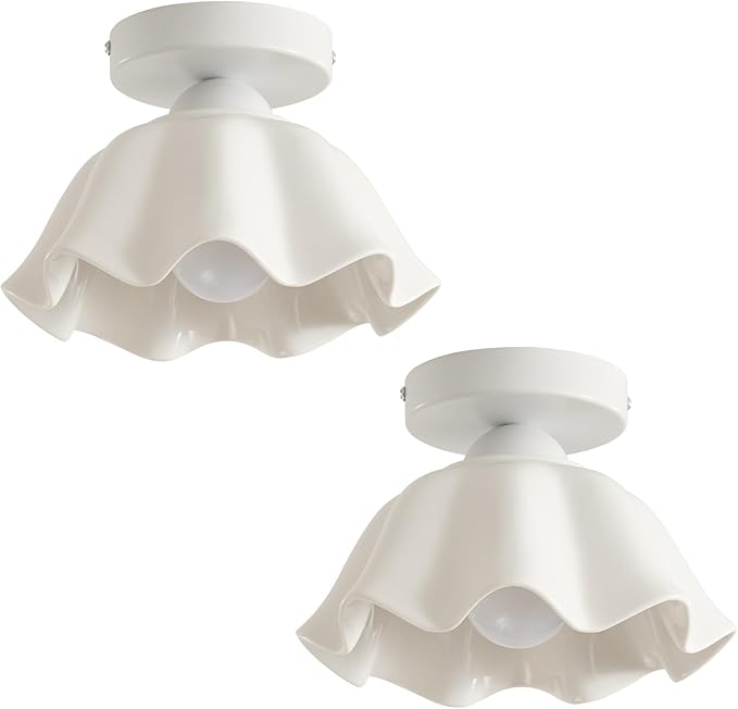 2 Pack Semi Flush Mount Ceiling Light - Flower Glaze Ceramic, White Vintage Hallway Light Fixtures, Milk Glass Ceiling Lights, Mid Century Small Light Fixture for Cottage Entryway Laundry Room Foyer