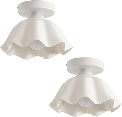 2 Pack Semi Flush Mount Ceiling Light - Flower Glaze Ceramic, White Vintage Hallway Light Fixtures, Milk Glass Ceiling Lights, Mid Century Small Light Fixture for Cottage Entryway Laundry Room Foyer
