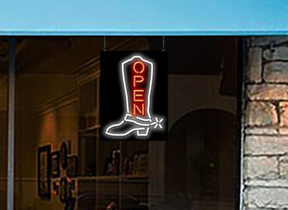 Cowboy Boot Open Neon Sign - Large Size - 18" wide x 24" high - Real, Quality Hand Bent Neon Sign - Red Letters with a White Boot Design