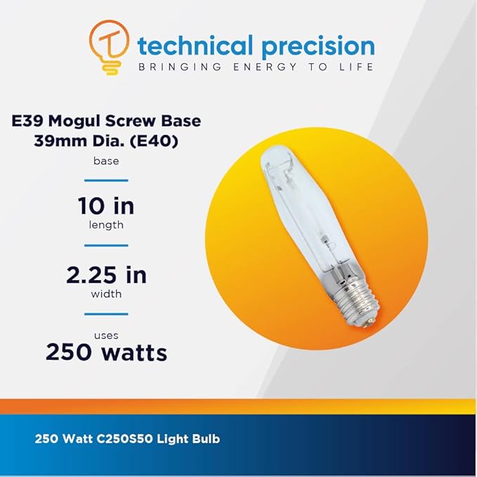 Technical Precision 250W HPS Bulb High Pressure Sodium Light Bulb Replacement for Philips C250S50 Light Bulb ED18 High Intensity Discharge Bulb with E39 Mogul Screw Base - Clear - 120V - 1 Pack