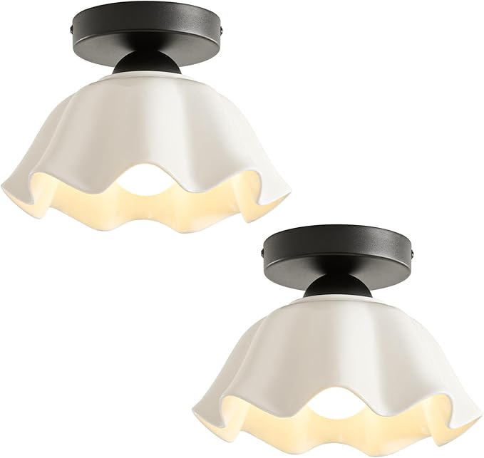 2 Pack Semi Flush Mount Ceiling Light - Flower Glaze Ceramic, Black Vintage Hallway Light Fixtures, White Globe Ceiling Lights, Mid Century Small Light Fixture for Cottage Entryway Laundry Room Foyer
