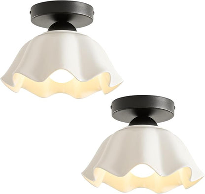 2 Pack Semi Flush Mount Ceiling Light - Flower Glaze Ceramic, Black Vintage Hallway Light Fixtures, White Globe Ceiling Lights, Mid Century Small Light Fixture for Cottage Entryway Laundry Room Foyer