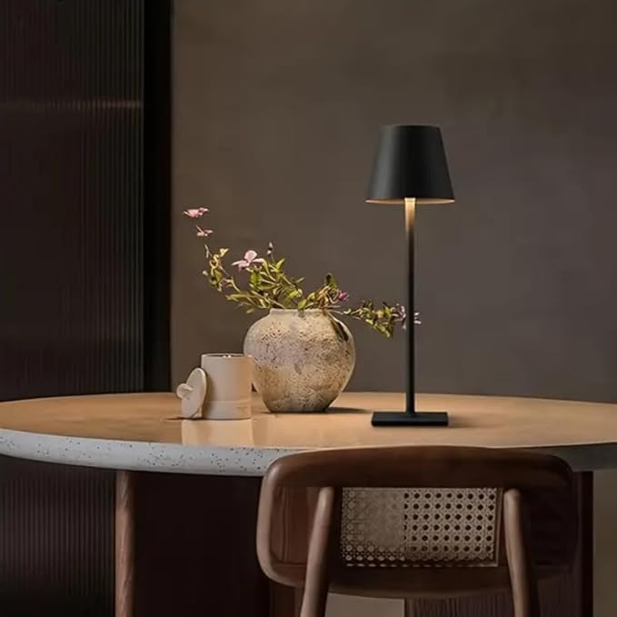 Dimmable LED Table Lamp for Bar & Restaurant – Cordless Rechargeable Touch Lamp, USB Powered, Modern Metal Accent Lamp for Dining Tables, Café, Hotel & Lounge | Klarako (10, Black)