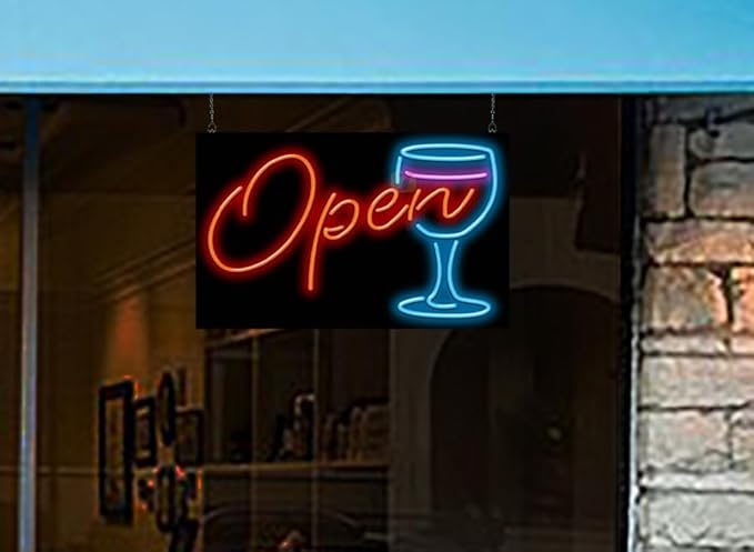 Wine Glass OPEN Neon Sign - Large Size - 32" wide x 2" high - Real, Quality Hand Bent Neon Sign - Red Letters with a Blue & Purple Wine Glass Graphic