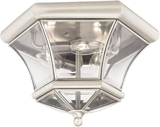 Livex Lighting 7053-91 Monterey 3 Light Outdoor/Indoor Brushed Nickel Finish Solid Brass Flush Mount with Clear Beveled Glass