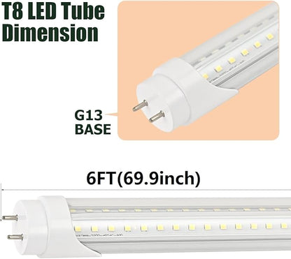 12-Pack 6FT T8 LED Tube Light Bulb 40W G13 Bi-Pin Cap with 6000K Cool White Dual-Row LEDs T8 T10 T12 Fluorescent Light Bulbs Replacement 6 Foot Shop Lights