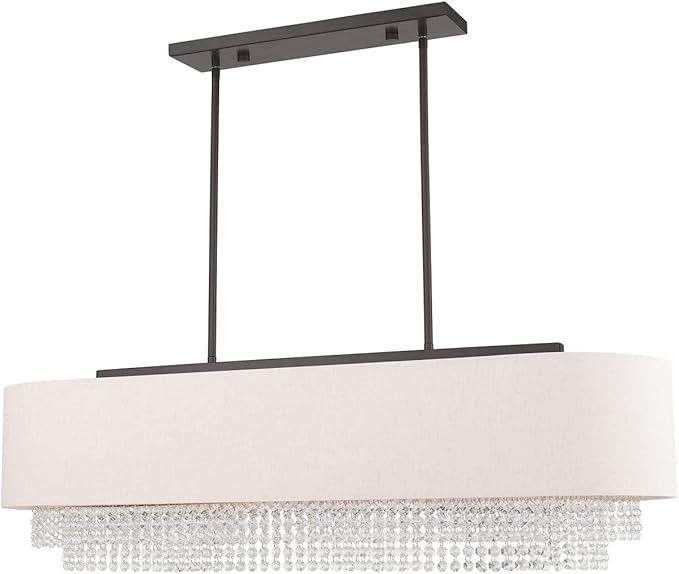Livex Lighting 51125-92 Carlisle - 41" Five Light Linear Chandelier, English Bronze Finish with Oatmeal Fabric Shade with Clear Crystal